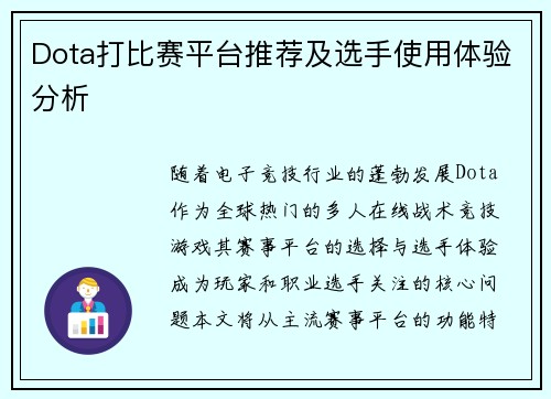 Dota打比赛平台推荐及选手使用体验分析